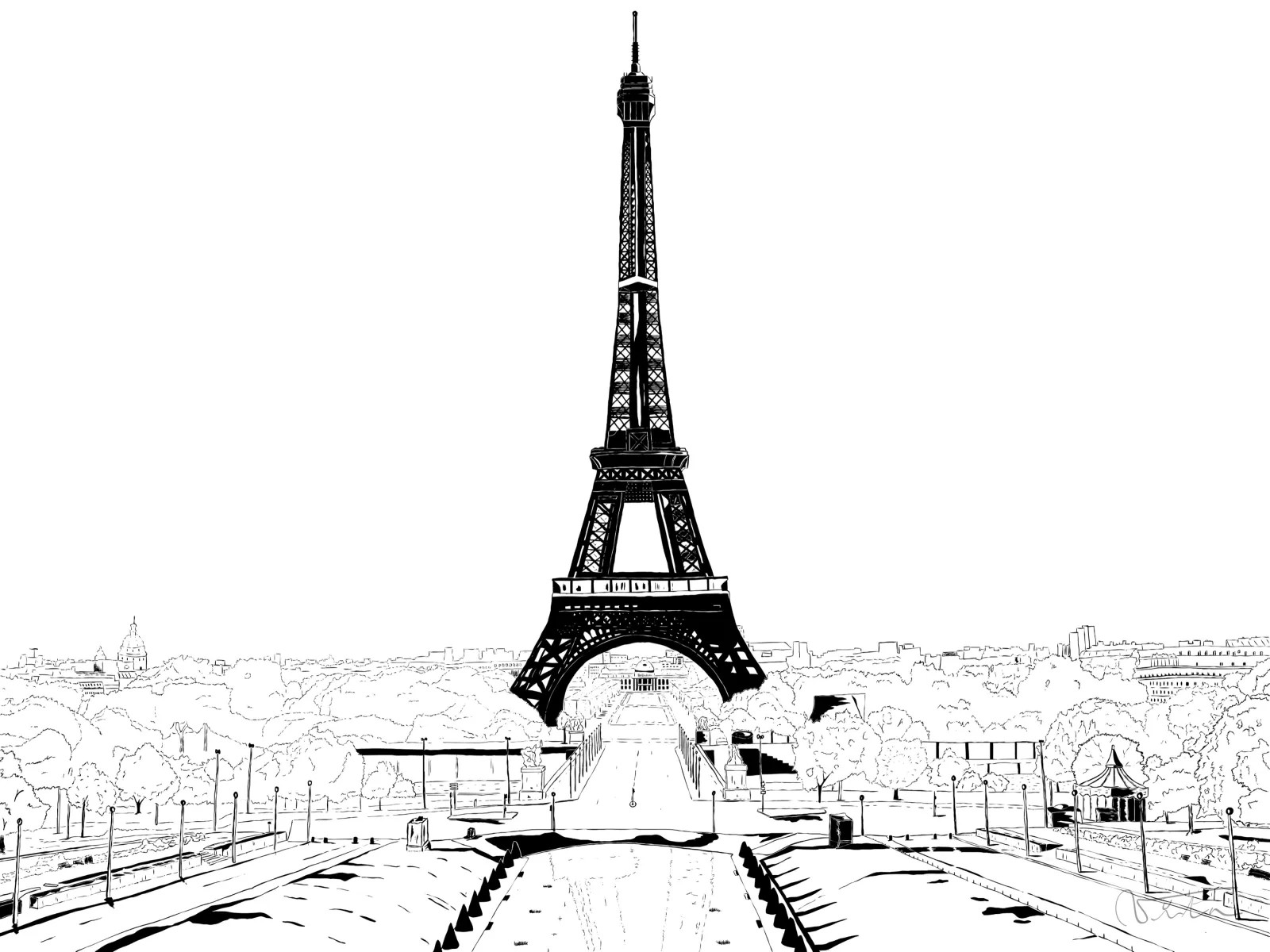 VITA ART, Eiffel Landscape — Clear — Der Eiffelturm vom Trocadéro aus gesehen, mit schwarzer Tusche unter einem weiß belassenen Himmel gezeichnet.