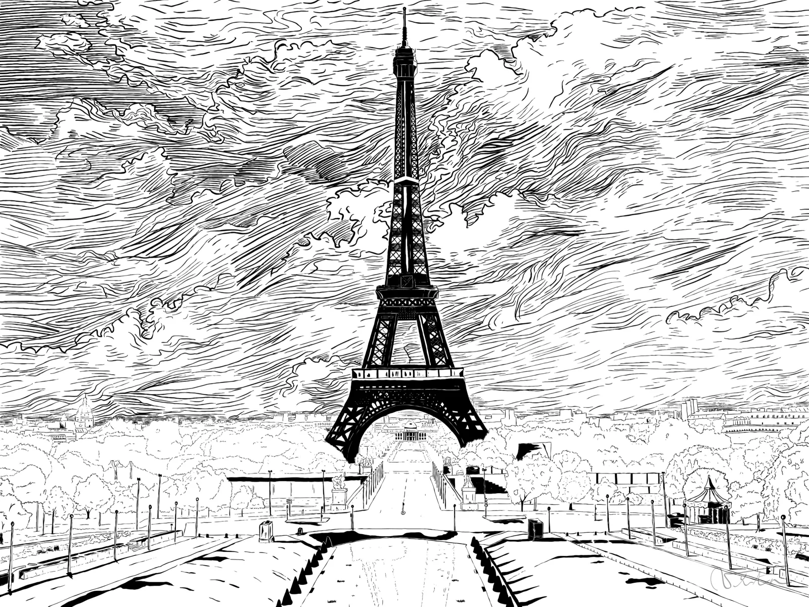 VITA ART, Eiffel Landscape — Cloudy — Dasselbe Pariser Panorama unter einem vollständig mit bewegten Wolken schraffierten Himmel.