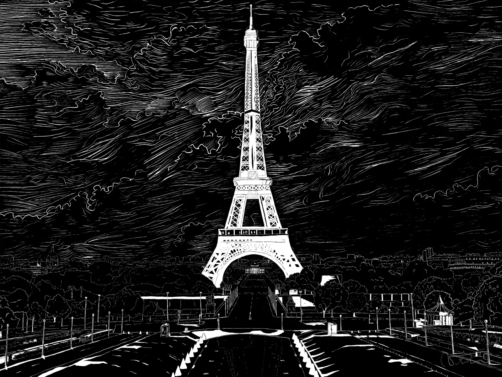 VITA ART, Eiffel Landscape — Dark — Nachtversion: Der schwarze Himmel lässt Turm und Stadt als weiße Aussparung hervortreten.
