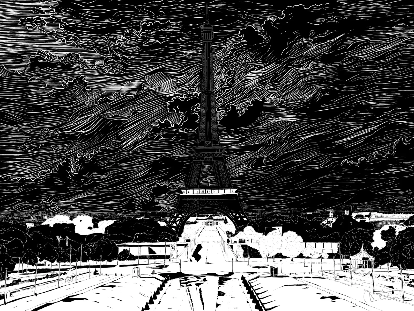 VITA ART, Eiffel Landscape — Dawn — Morgendämmerung über Paris: dunkler Himmel und noch schwere Wolken, erstes Licht auf den Gärten des Trocadéro.