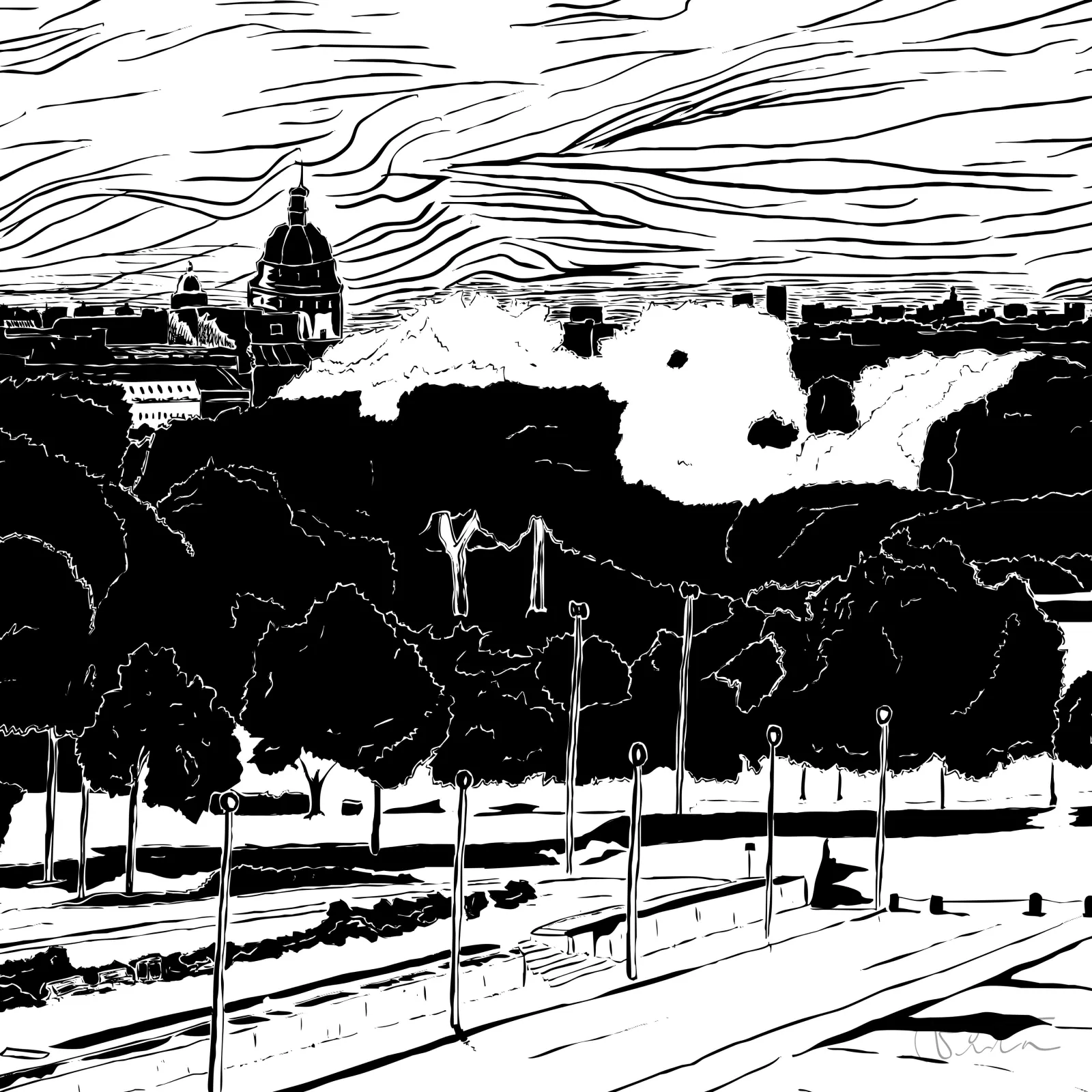 VITA ART, Eiffel Landscape — Detail IV — Formato cuadrado: la ciudad y el follaje se responden en contrastes de blanco y negro.