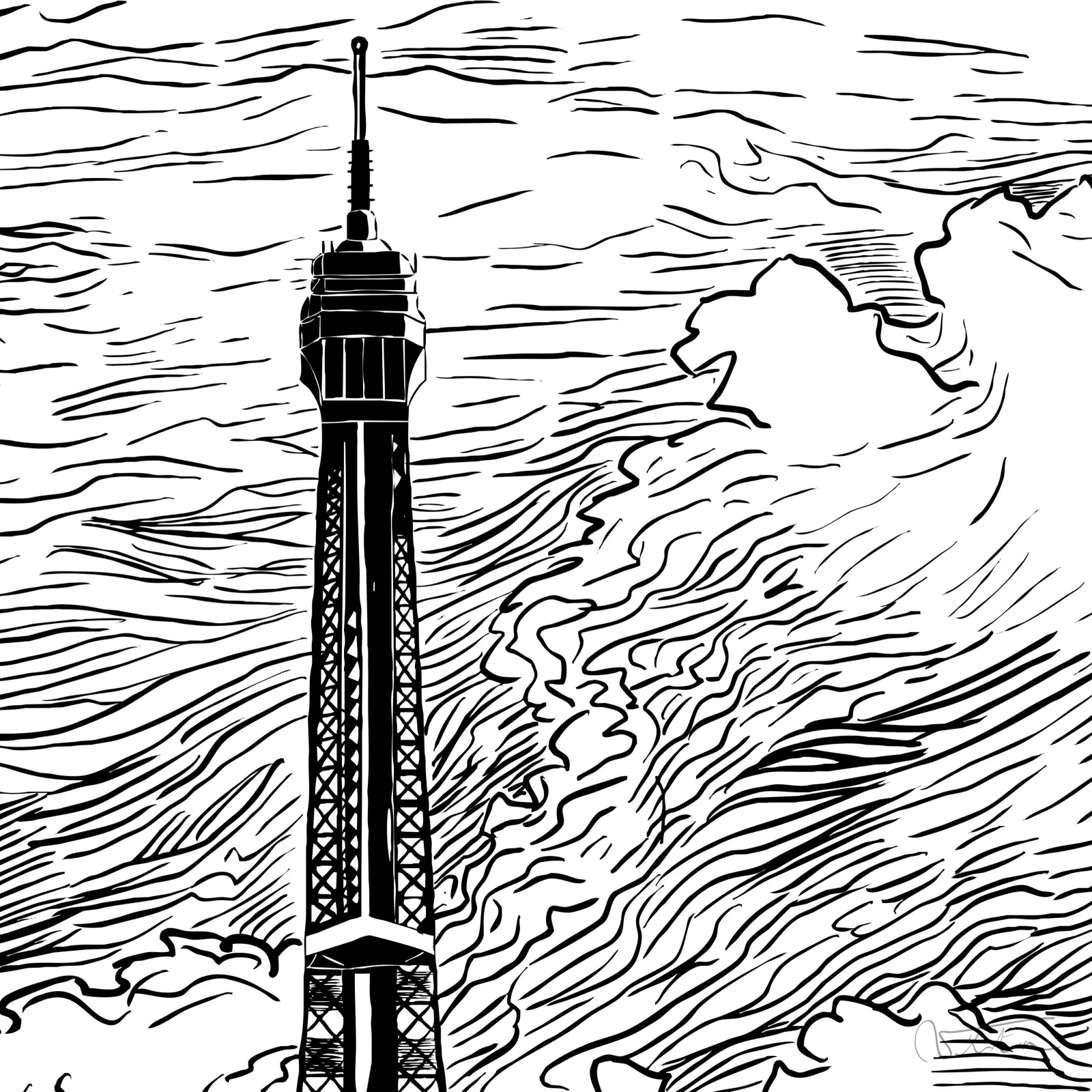 VITA ART, Eiffel Landscape — Detail I — Formato cuadrado: la cima de la torre se recorta sobre un cielo de nubes ondulantes.