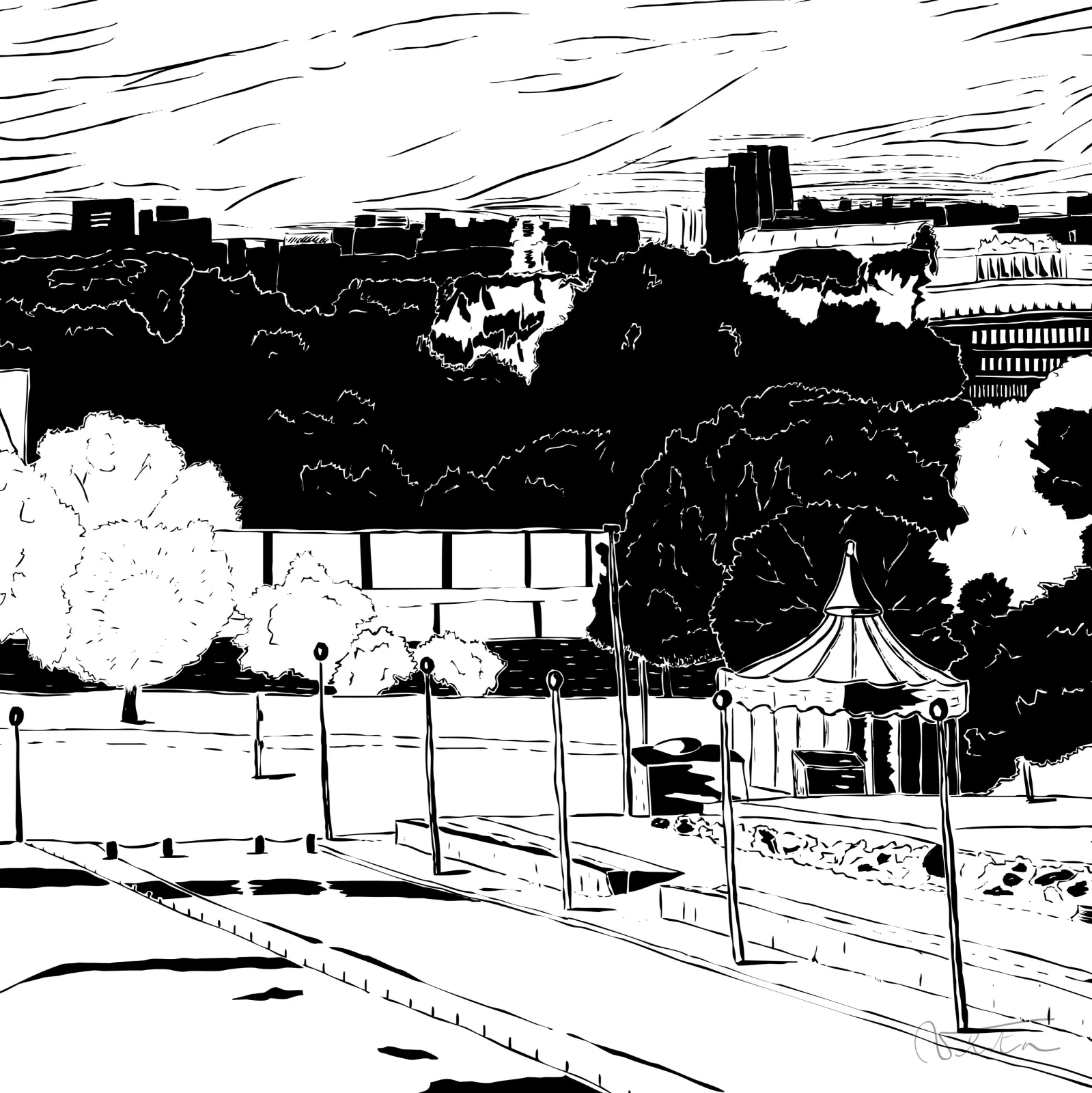 VITA ART, Eiffel Landscape — Detail II — Formato cuadrado: jardines, farolas y masas de árboles en negro plano, al pie del Trocadéro.