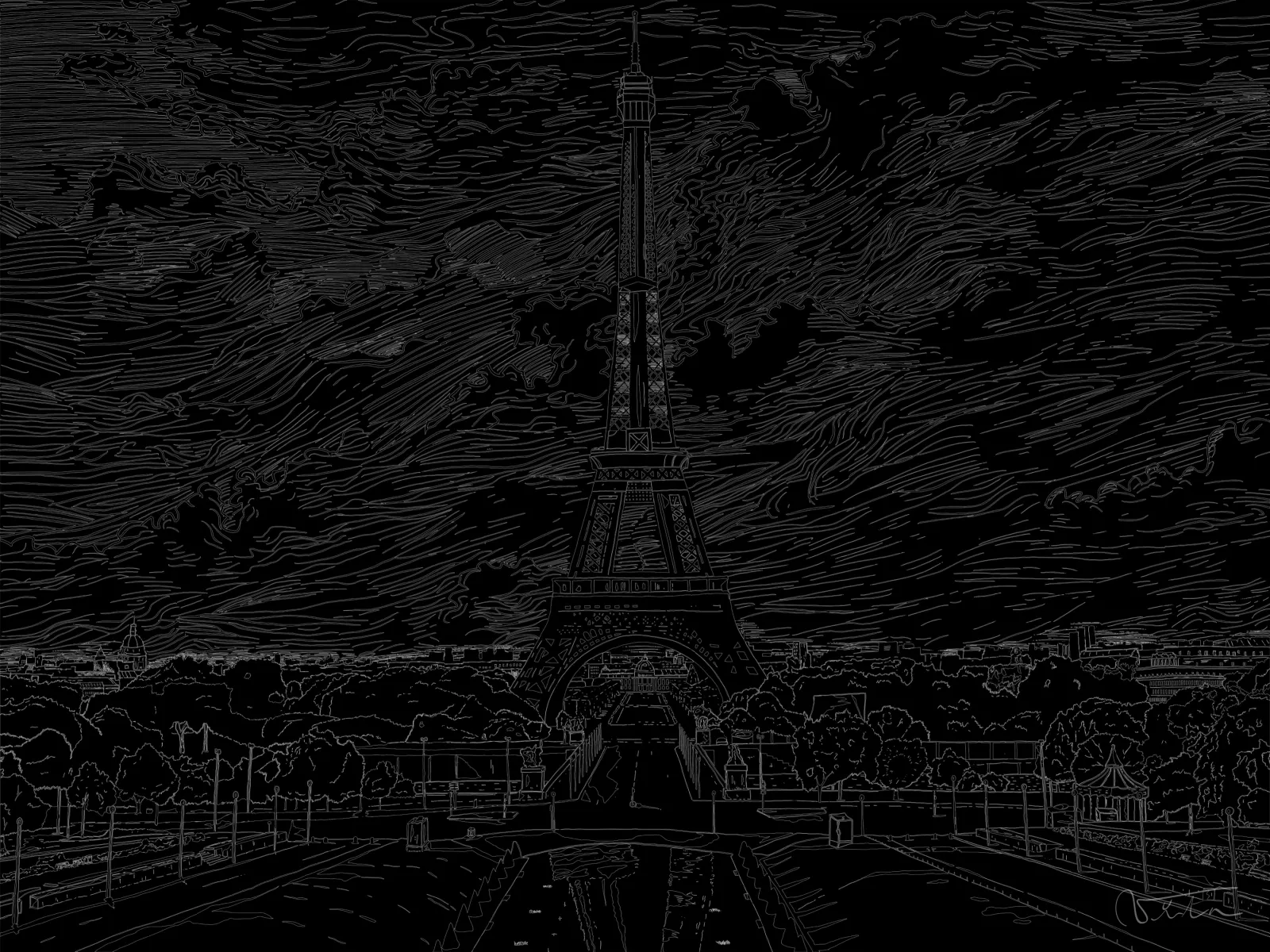 VITA ART, Eiffel Landscape — Night — Noche profunda: solo algunos contornos de la torre y la ciudad afloran en la oscuridad.