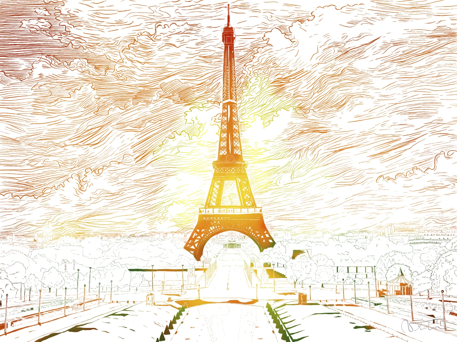 VITA ART, Eiffel Landscape — Sunset — La puesta de sol enciende el cielo de naranja y amarillo detrás de la torre.