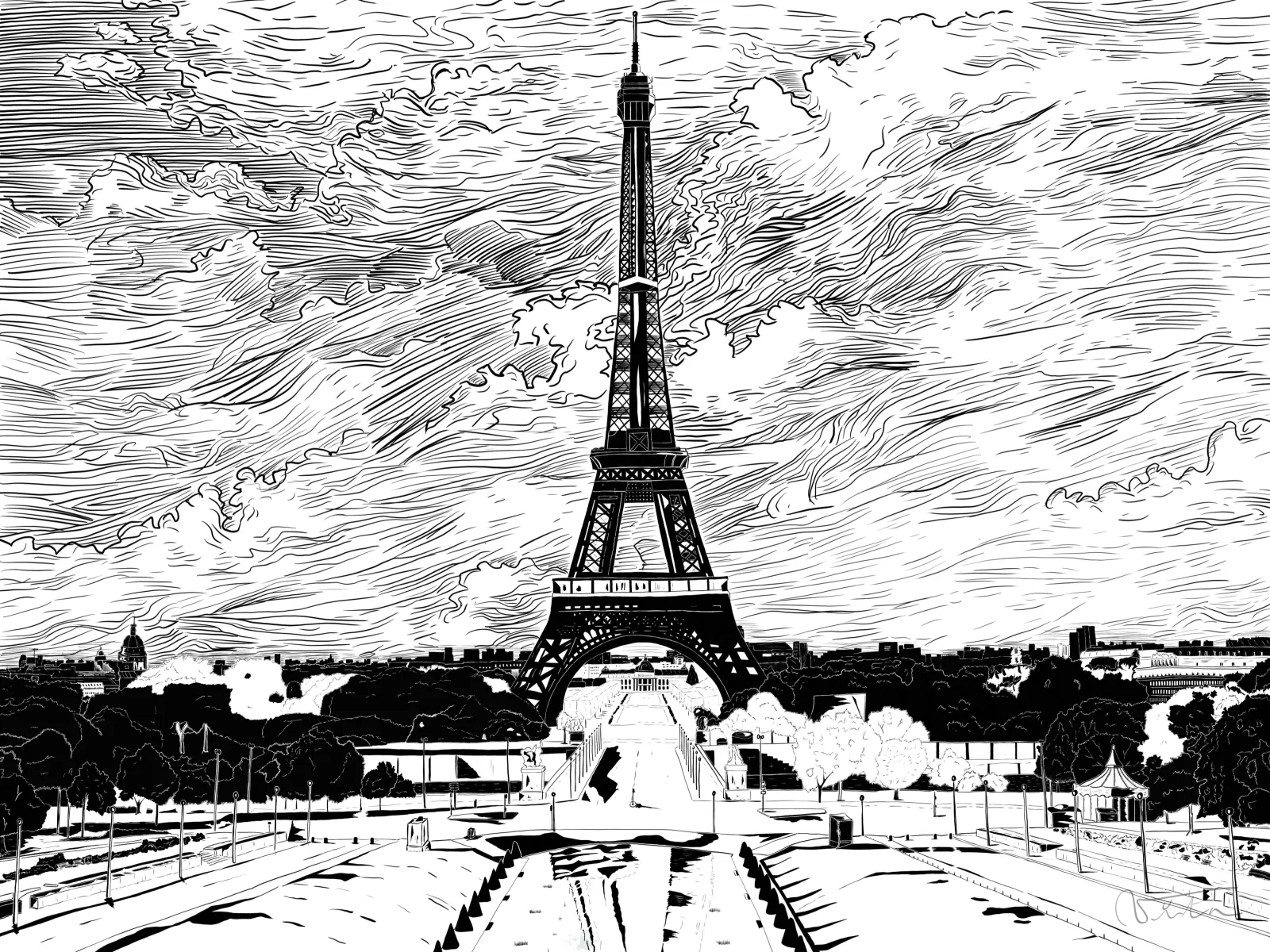 VITA ART, Eiffel One — La torre Eiffel en el corazón de un cielo de nubes dibujadas trazo a trazo, sobre los jardines del Trocadéro.