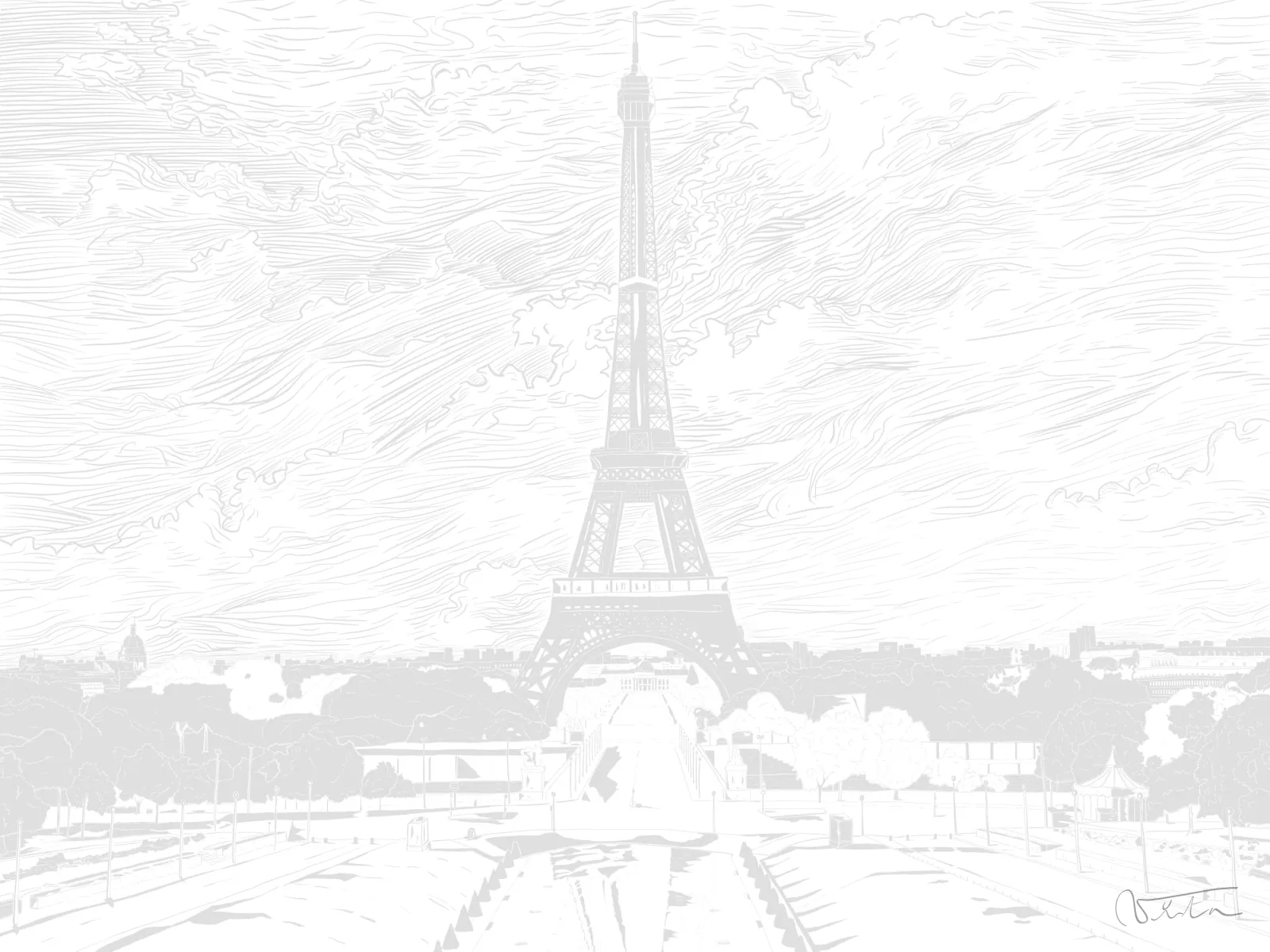 VITA ART, Eiffel One — Mist — Variación en bruma: el dibujo se aclara hasta el gris perla y la torre parece disolverse en el aire.