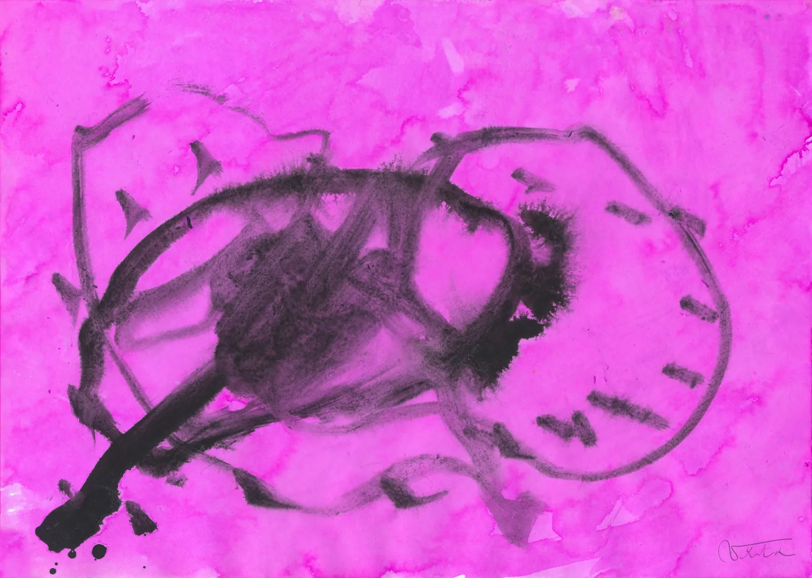 VITA ART, Gravity — Une masse noire tourbillonne au cœur d'un champ magenta saturé.