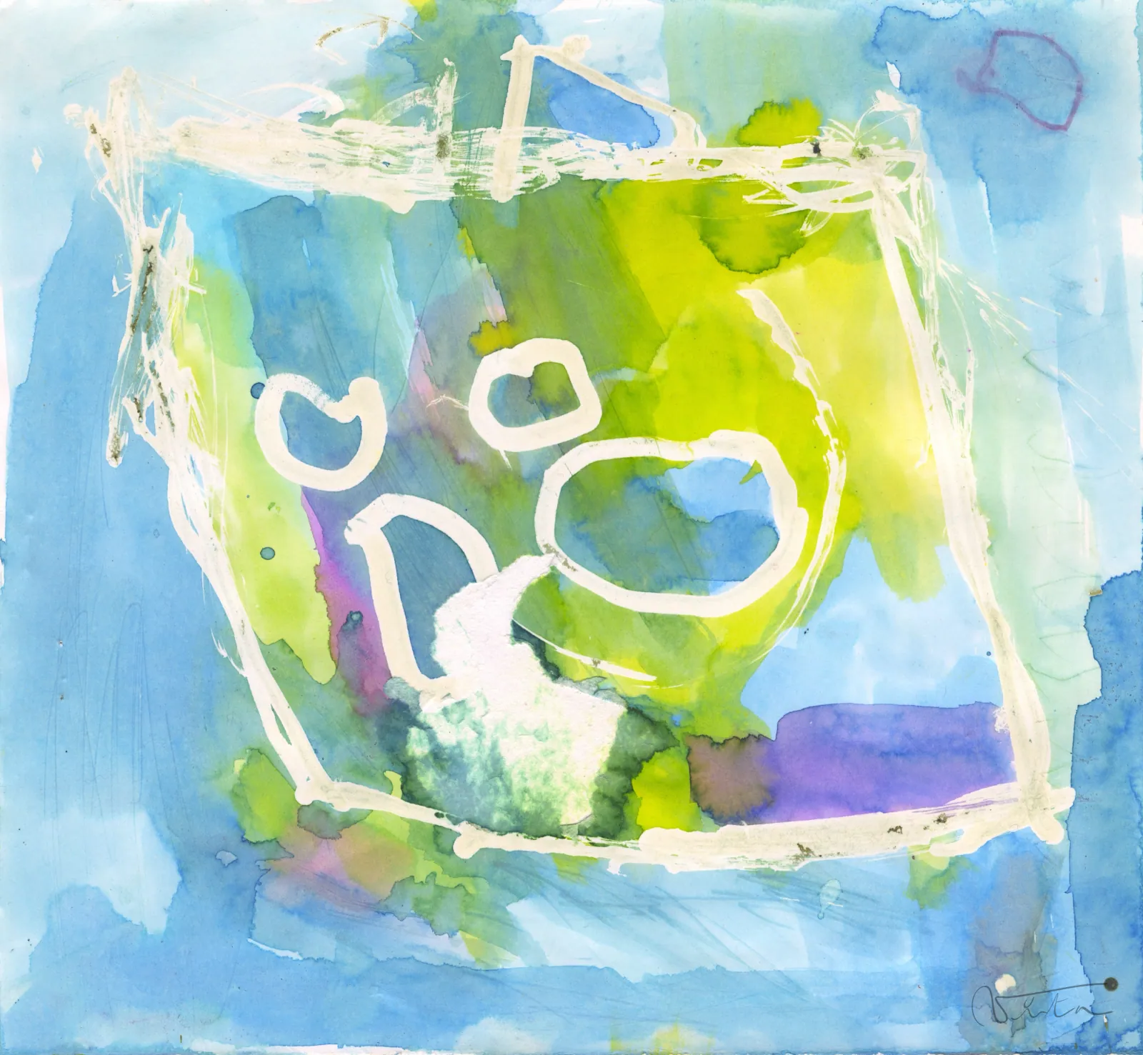 VITA ART, House — Ein schwebendes Viereck in Blau- und Grüntönen birgt weiße Schlaufen.