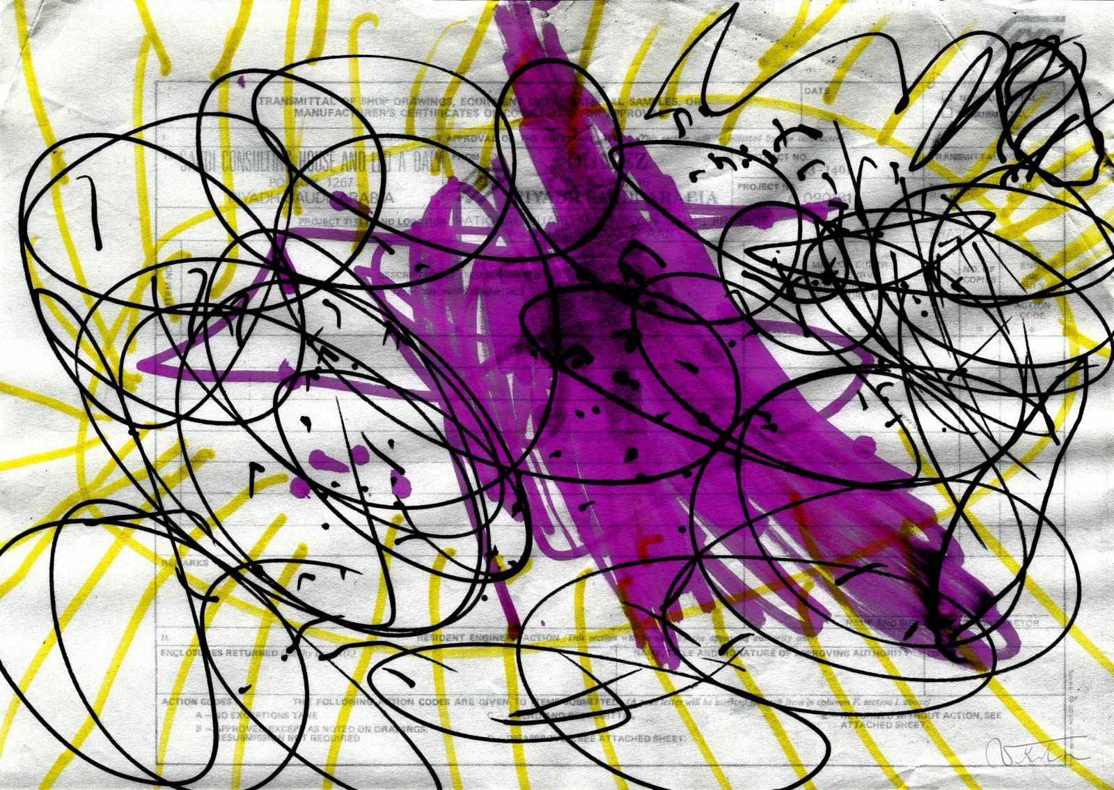 VITA ART, L.A. Mind — Ein Knäuel schwarzer Linien verheddert sich über violetten und gelben Flächen.