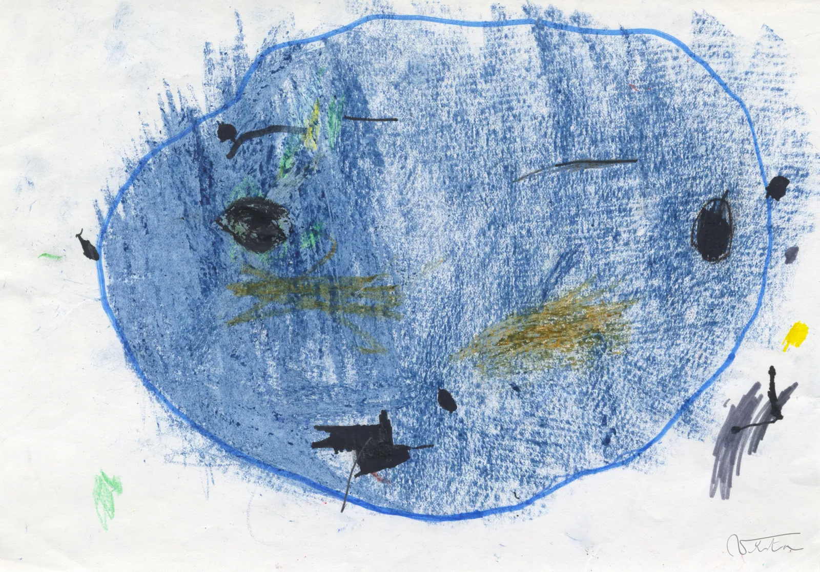 VITA ART, Mexico Mind — A large blue oval, scratched and rubbed, fills the sheet; a few dark marks suggest a gaze.