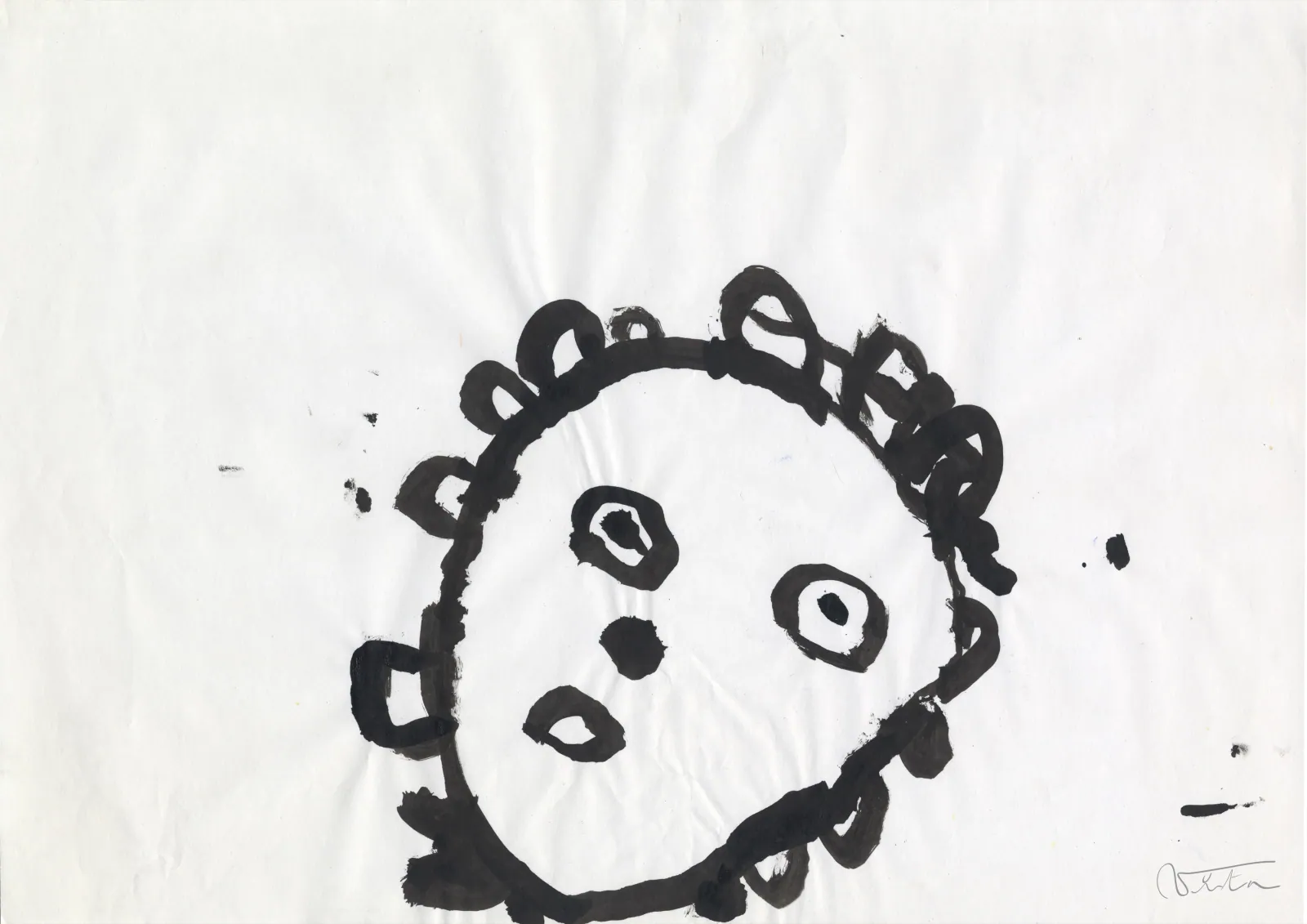 VITA ART, Mind — Ein runder Kopf mit gesträubtem Umriss, zwei Augen, ein Atemzug: Auf dem weißen Papier genügt das Schwarz.