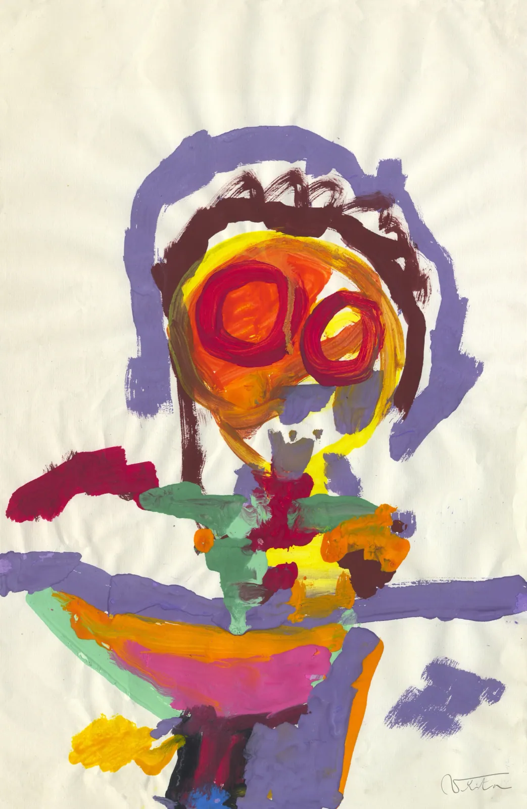 VITA ART, Mother of All — Eine frontale, violett umrahmte Figur baut sich aus gestapelten, reinen Farben auf: rote, gelbe, grüne und schwarze Kreise.
