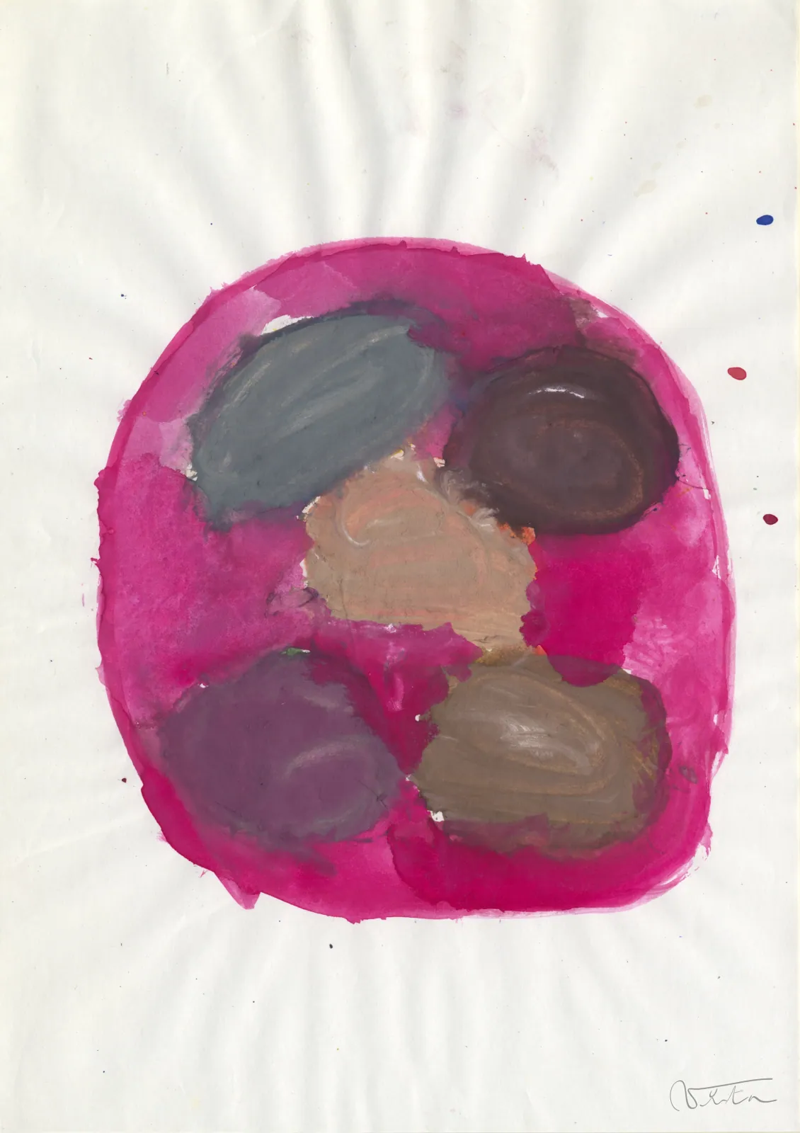 VITA ART, NY Mind — A pink disc holds grey and brown masses pressed tightly together.