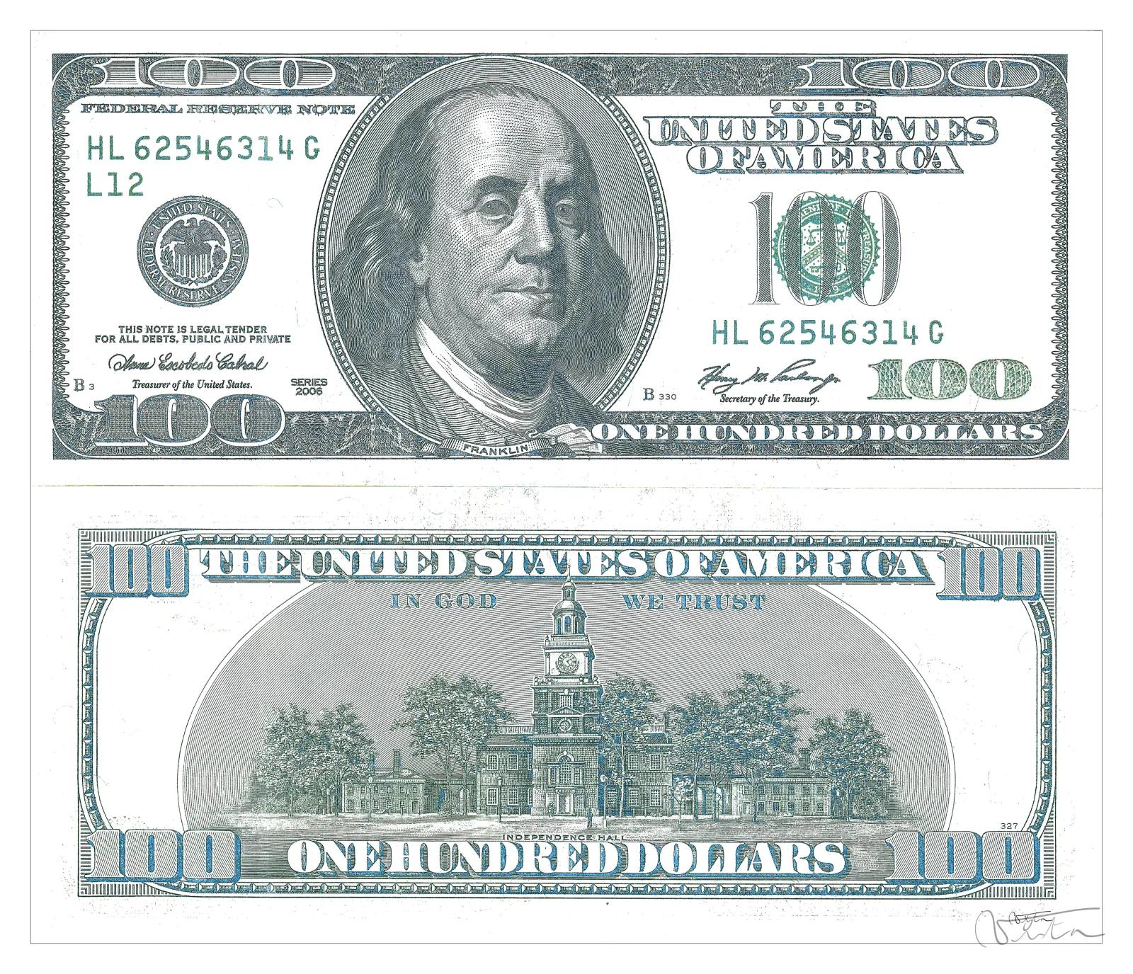 VITA ART, One Hundred Dollars — Anverso y reverso de un billete de cien dólares, redibujados y coloreados.