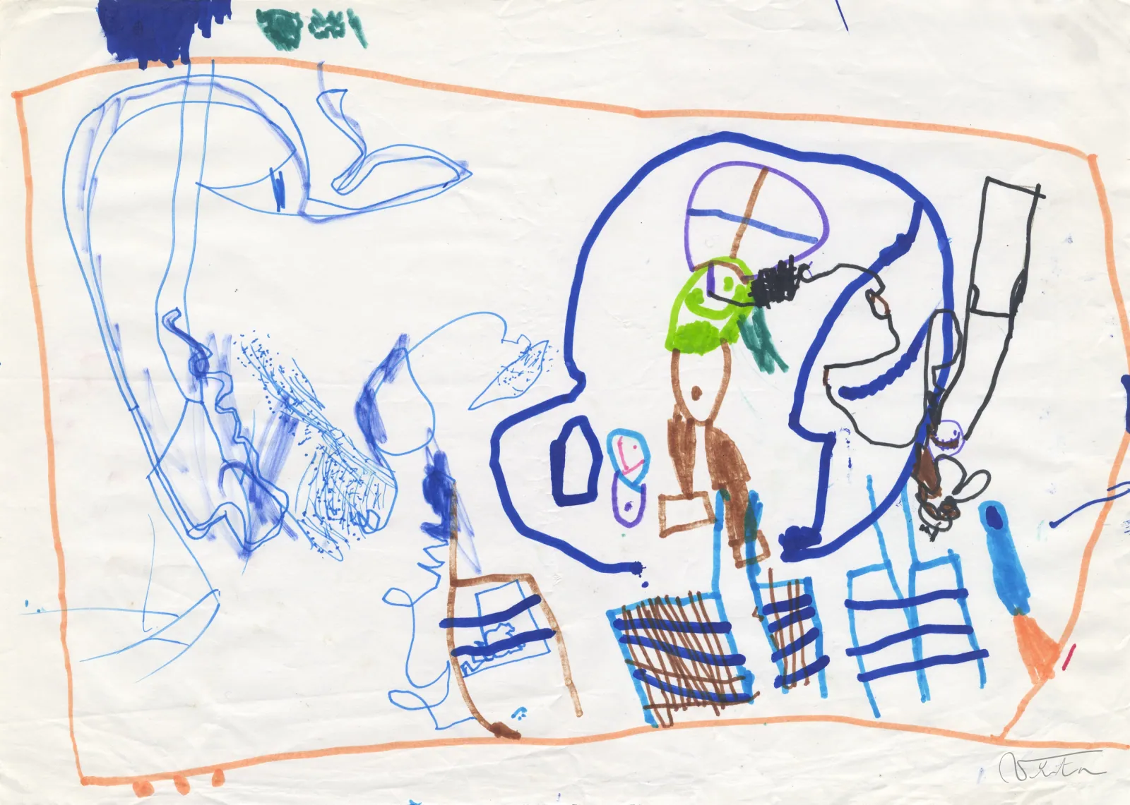 VITA ART, Ordinary Day — Eine in blauen und orangefarbenen Linien gezeichnete Erzählung zieht sich über die ganze Fläche: Figuren, Bauten, Raster und Gegenstände.