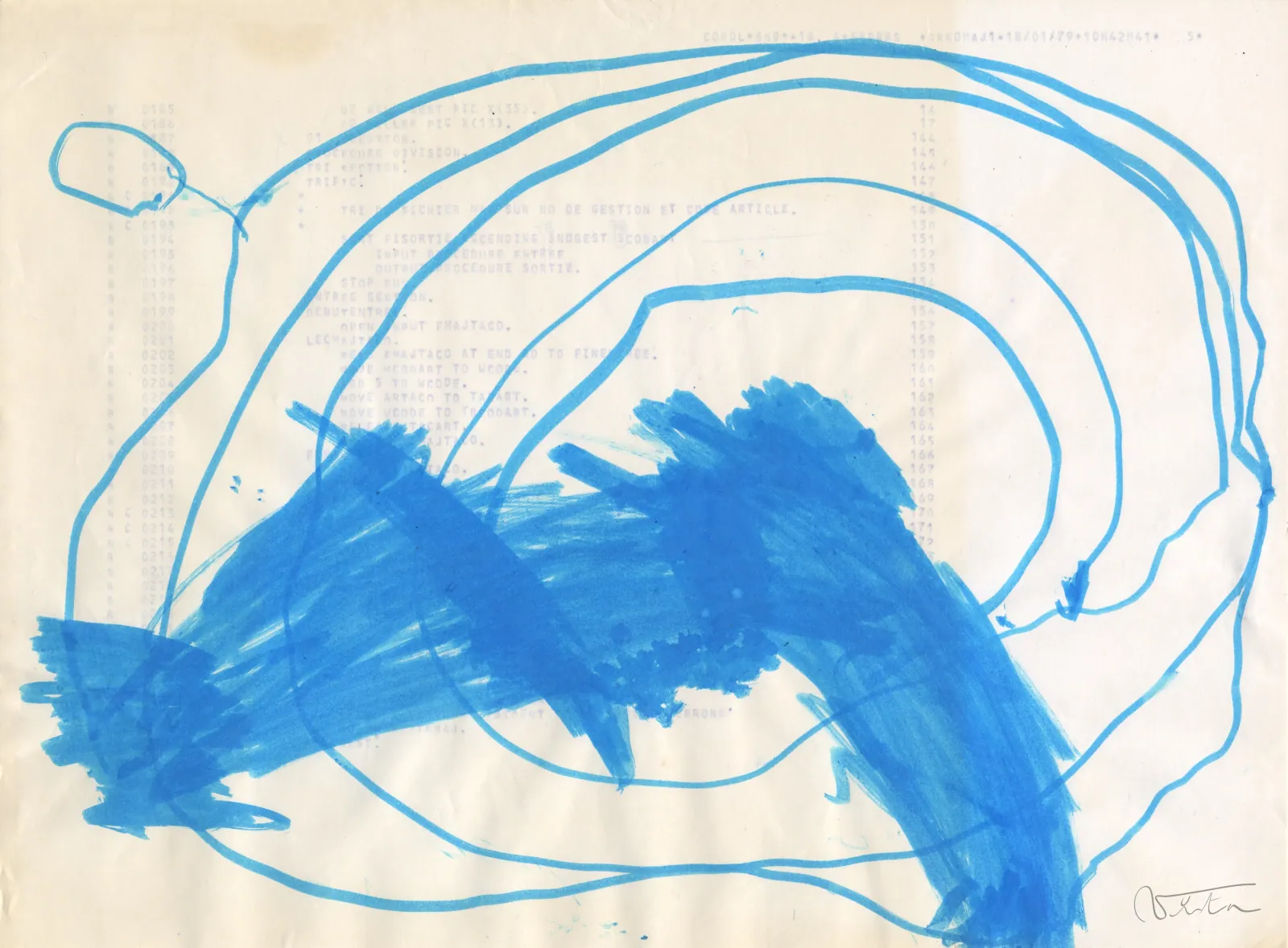 VITA ART, Politic — Eine blaue Zickzackmasse schlägt unter konzentrischen, in hellerem Blau gezogenen Kreisen ein.
