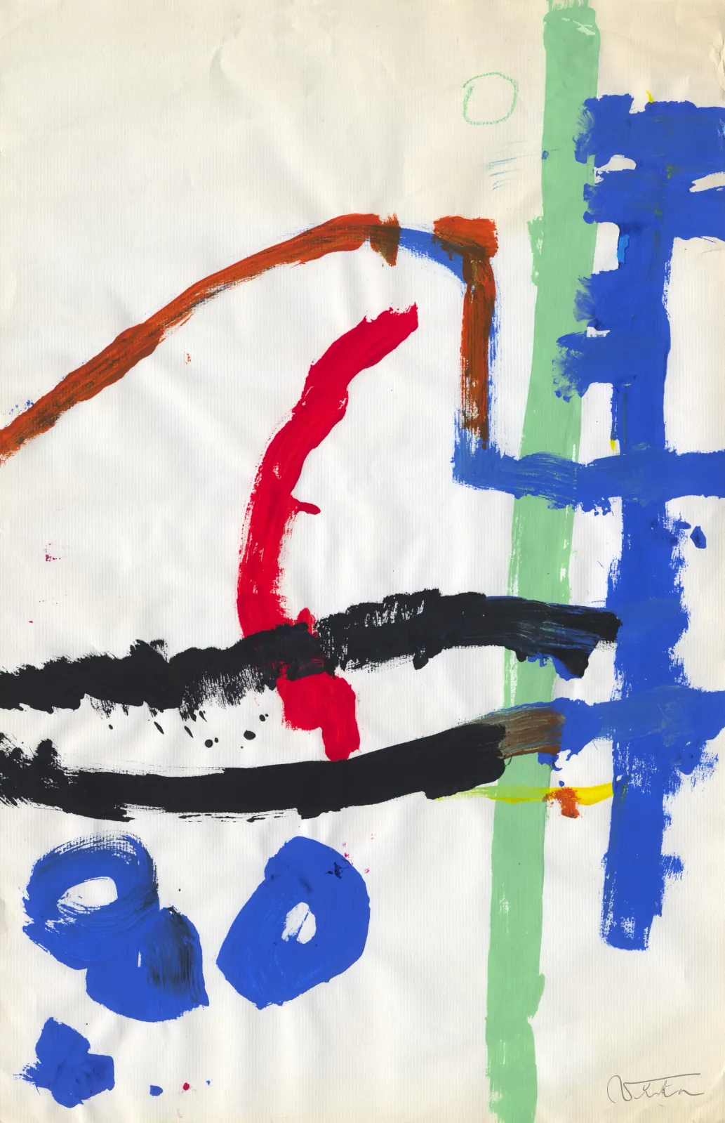 VITA ART, Quadra — Lignes rouges et noires, barres verticales vertes et bleues, points jetés : la feuille devient chantier.