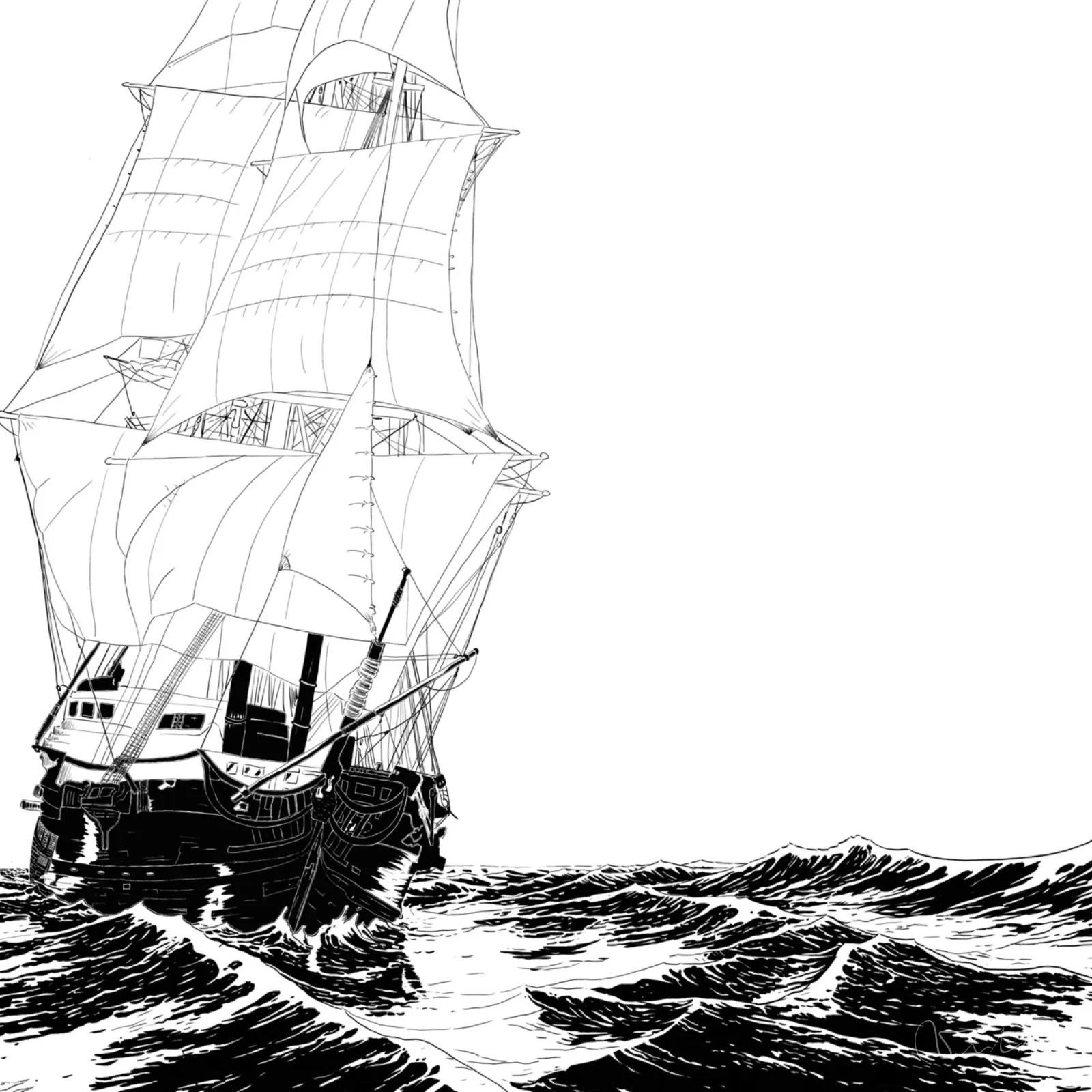 VITA ART, Sea Voyage — Un velero de tres mástiles a toda vela surca un mar agitado, dibujado en trazo negro sobre fondo blanco.
