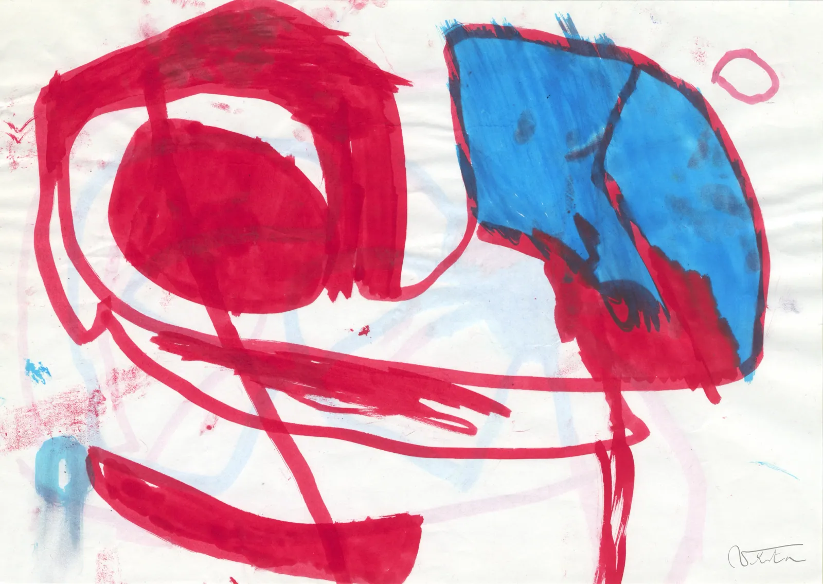 VITA ART, Throw World — De larges gestes rouges et bleus sont projetés sur la feuille avec une énergie brute.