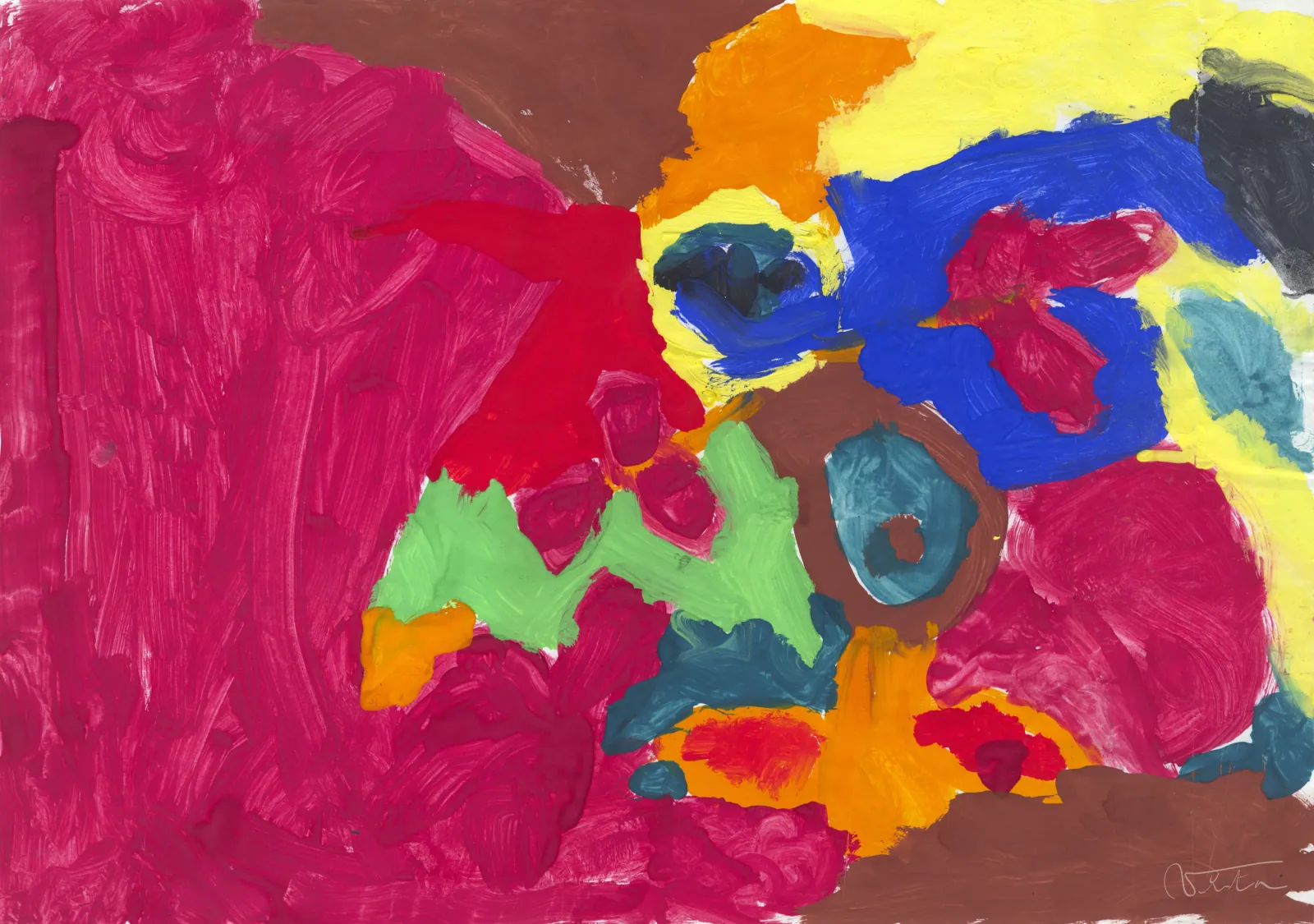 VITA ART, World Community — Ein weites rosa Feld wird von ineinandergreifenden gelben, blauen, grünen und roten Zonen durchzogen.